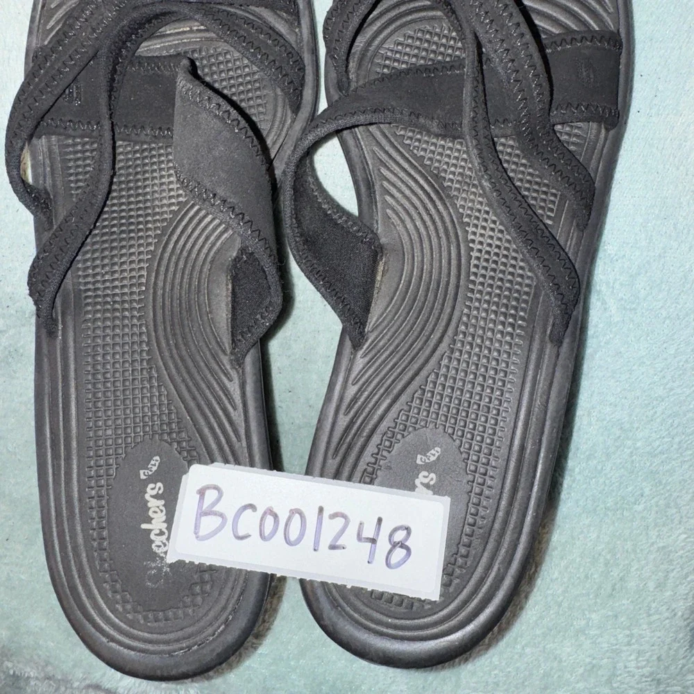 Skechers Women Cali Rumblers Wedge Sandals 10 Black Strappy Comfort Foam